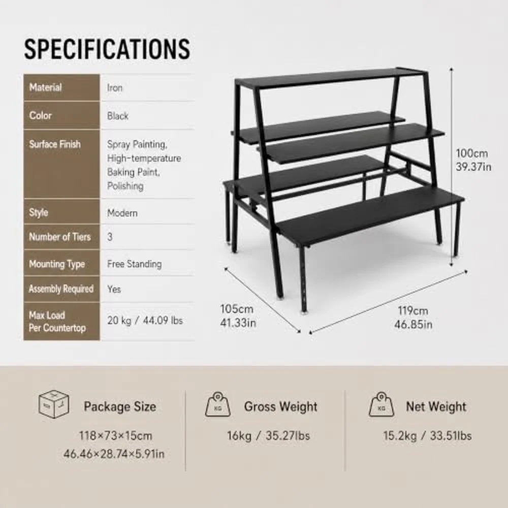 3 Tier Metal Shoe Handbag Display Stand Double Sided Retail Display (Black)