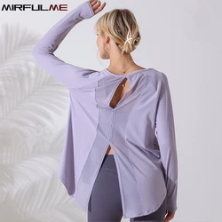 Women Loose Thin Yoga Shirts Long Sleeve Sport T-shirt Forked Running Sweatshirts Mesh Hollow Out Gym Fitness Tops Blouse Female