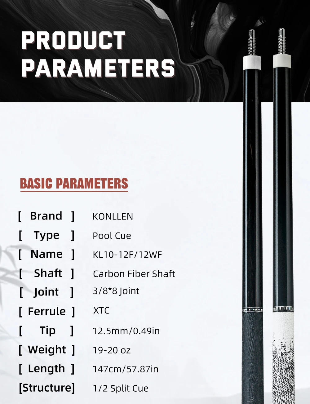 Billardqueue mit Carbonfaser-Schaft, geringer Abweichung, Griff mit Echsenmuster, 58 Zoll, 12,5 mm Spitze, 3/8x8 Verbindung, 8/9 Ball, KONLLEN – Detail 5