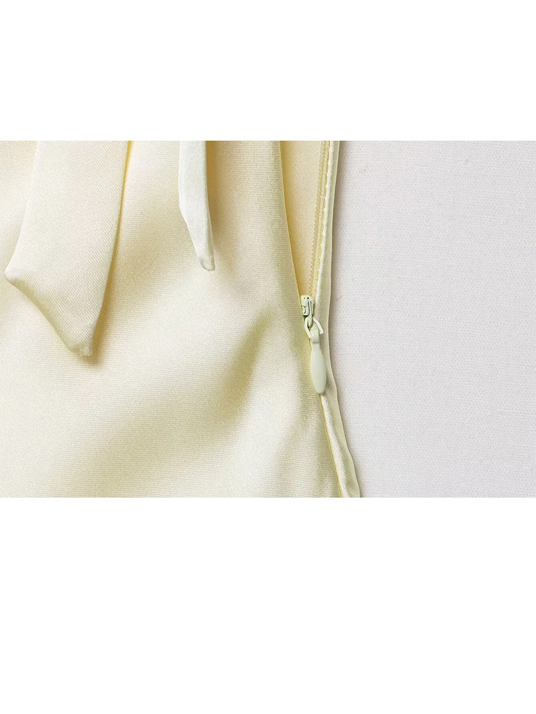 HH الصيف امرأة أنيقة الخامس الرقبة القوس الديكور الجانب زيبر الأصفر شيك فستان الحفلات المرأة بلا أكمام عارية الذراعين فستان طويل مثير