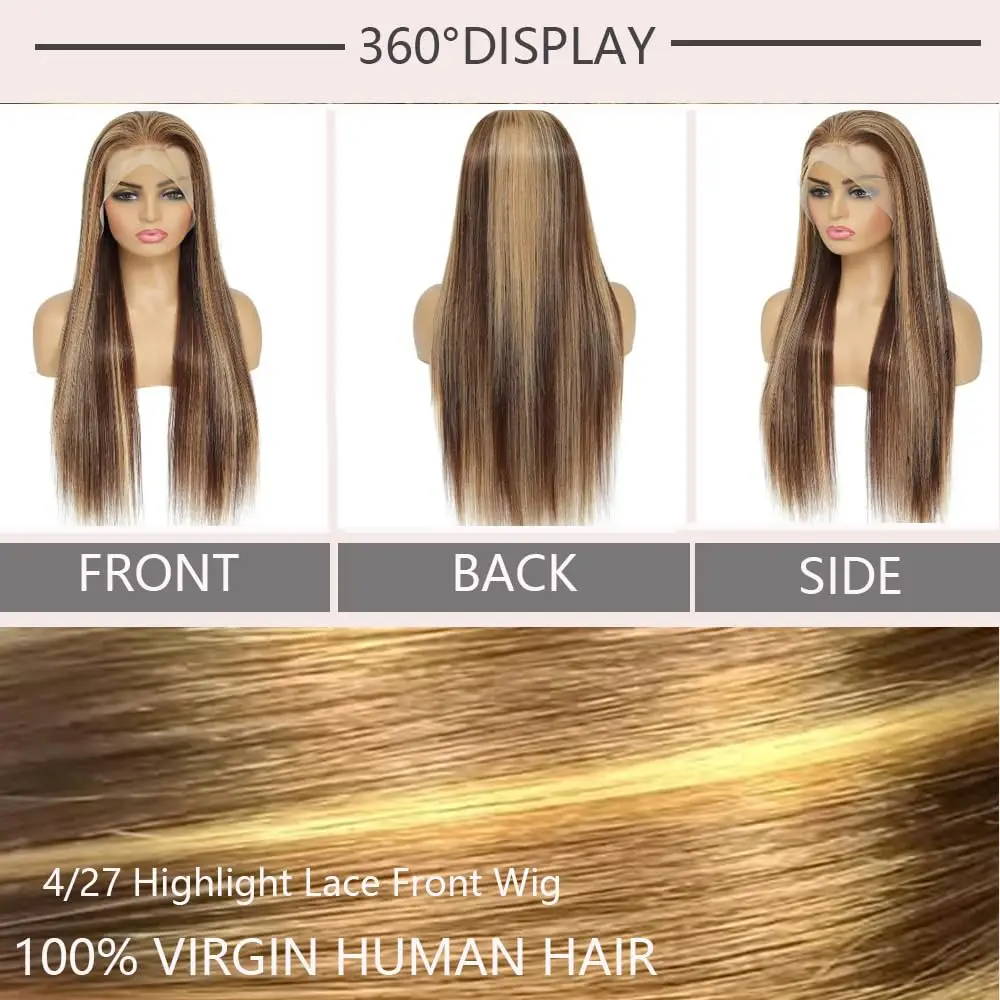 密度200 P4_27 ハイライトフロントレース 生え際処理済み カラーストレートフロントウィッグ 13x4 HD透明レース 人毛ウィッグ