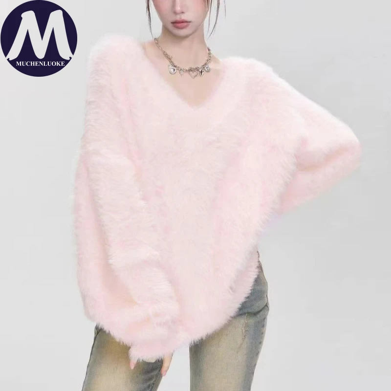

Свитер для женщин, осень-зима, вязаный свитер из искусственного меха норки с v-образным вырезом, корейские модные повседневные свободные утолщенные теплые пуловеры