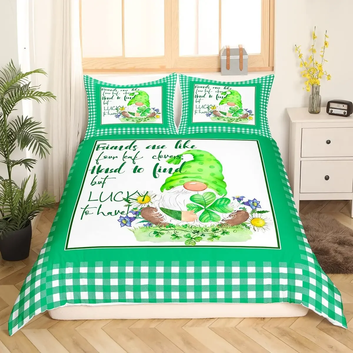 St.Patrick's Day King Duvet Cover Spring Gnome Bedding Set Green Plants Quilt Cover Spring Holiday Polyester Comforter Cover