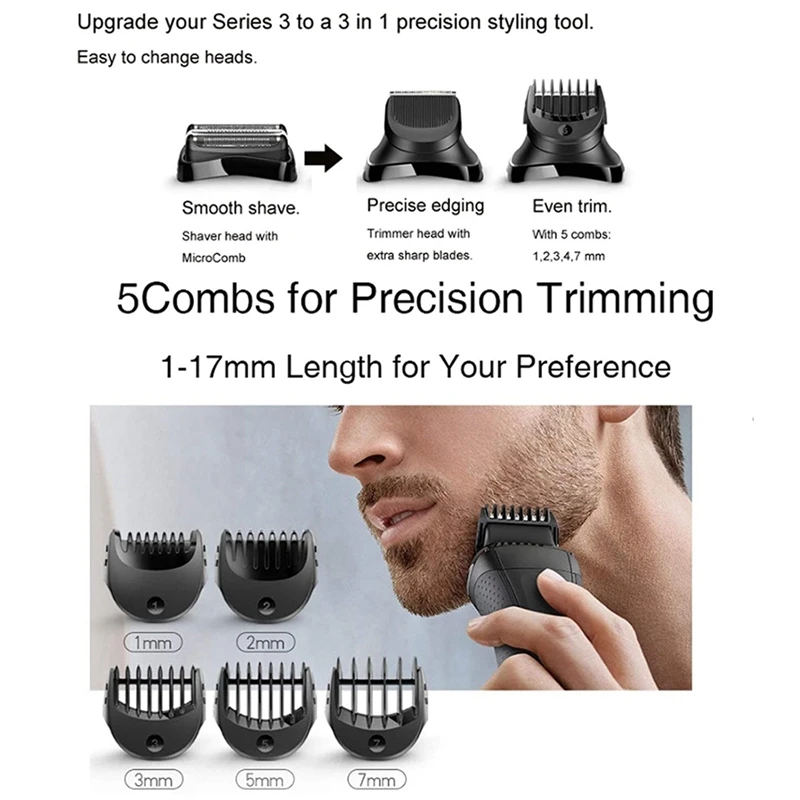 B47B Beard Trimmer Head Replacement for Braun Series 3, 5-Piece Guide Comb Set 1-7mm, Black Plastic