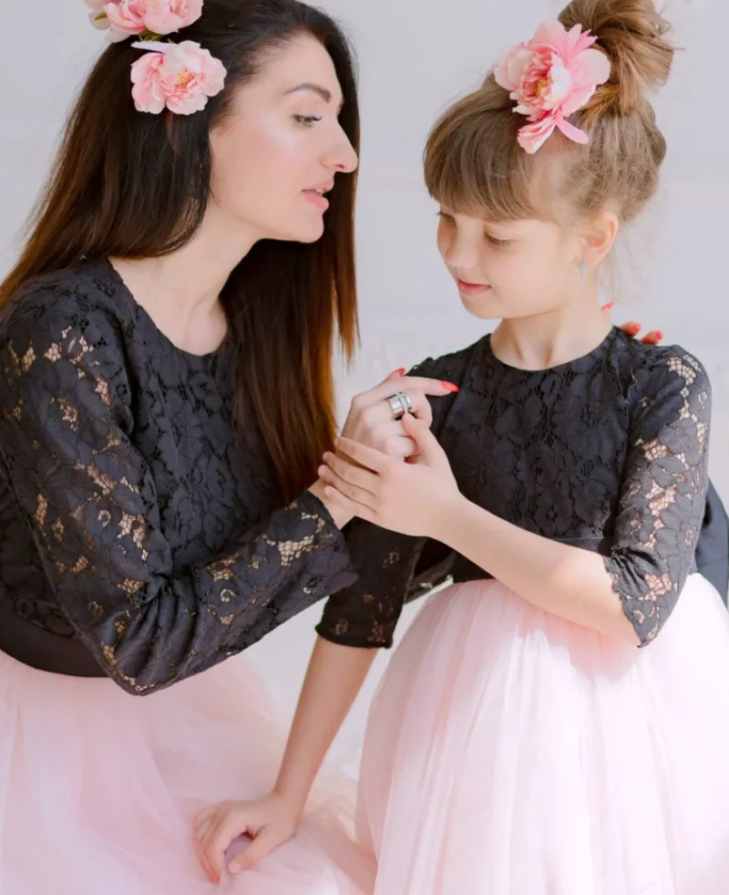 Mother Daughter Matching Gowns Blush Black Lace Dress Mommy and Me Outfit Toddler Formal Photoshoot Birthday Party Dresses