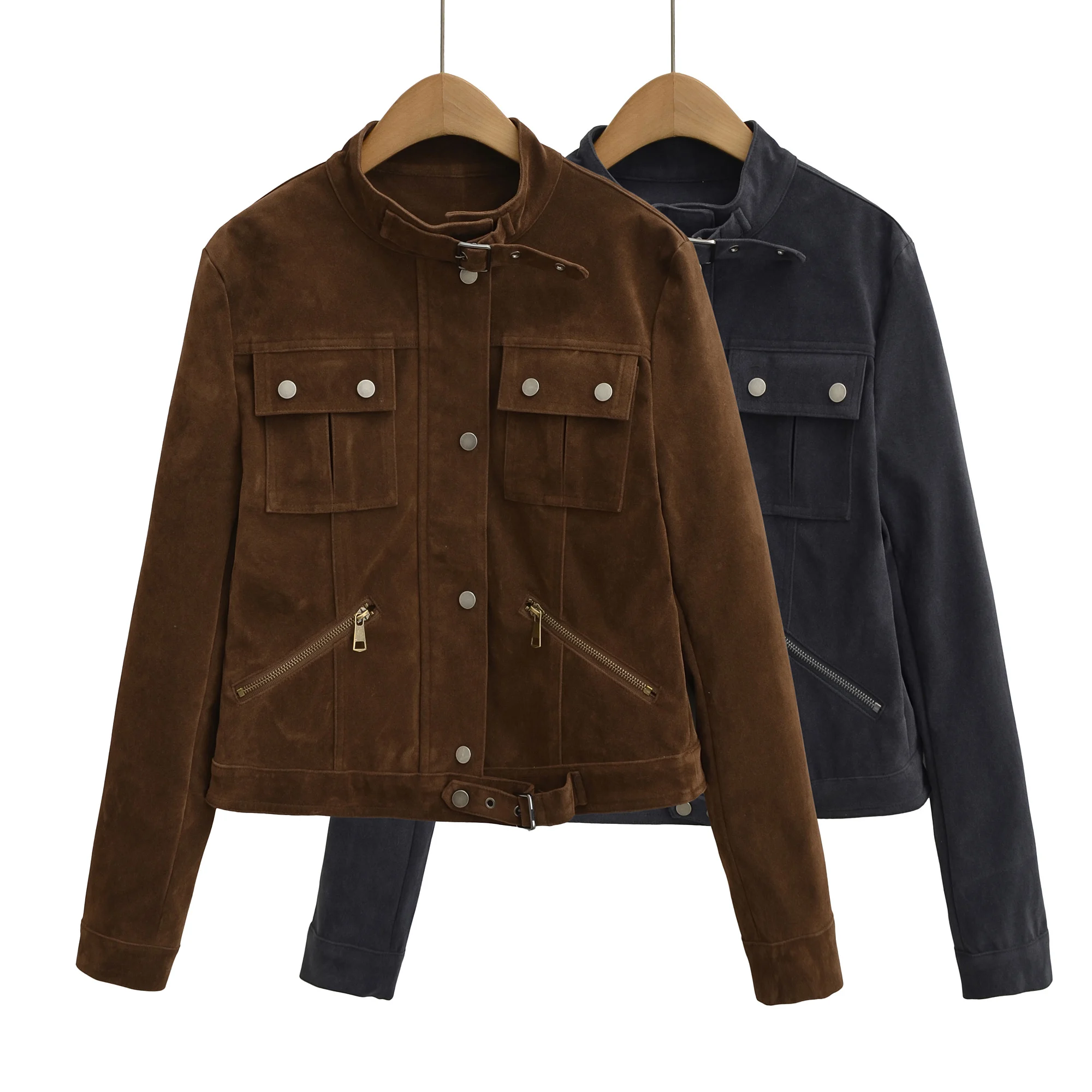 New COOL Giacca da donna in pelle scamosciata autunnale in pelle PU Cappotto con zip a maniche lunghe retrò americano Capispalla corto caffè vintage