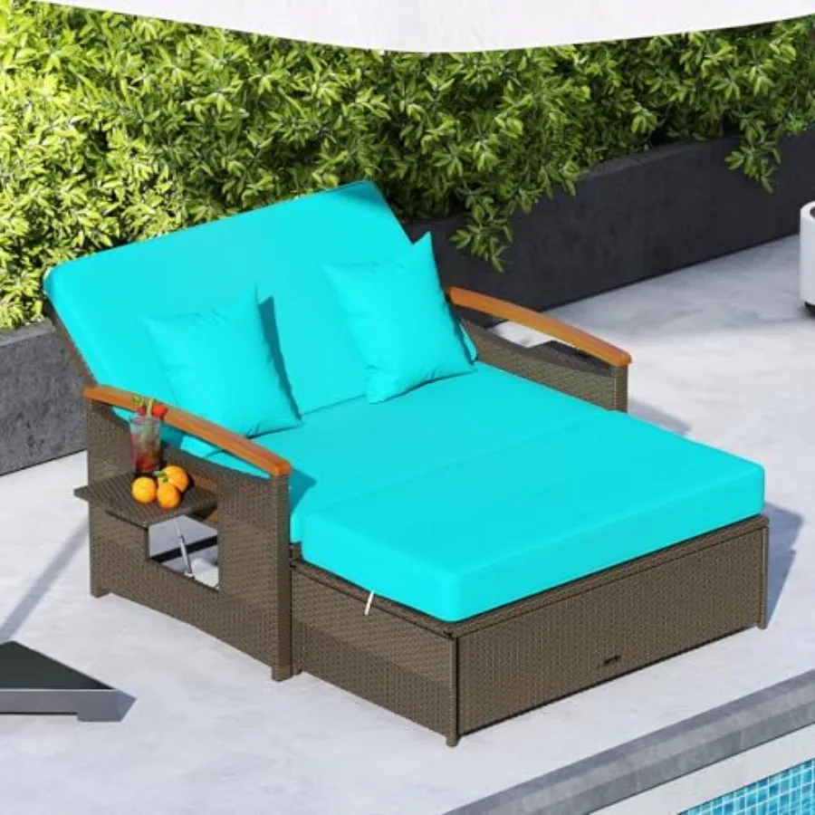 Patio Rattan Daybed with 4-Level Adjustable Backrest, Outdoor Wicker Loveseat with Acacia Wood Armrest, Storage Ottoman and Fol