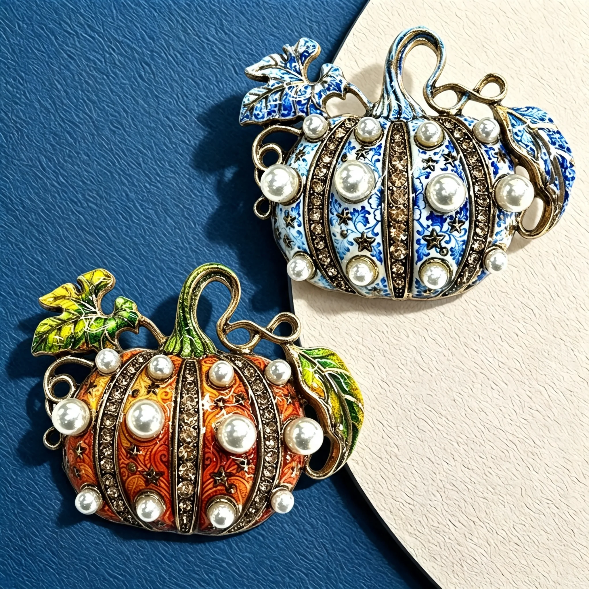Essh&Pule Vintage Pumpkin Brooch Enamel Pearl Rhinestone Lapel Pin Delicate Craft Suit Accessory Men Women Jewelry Gift