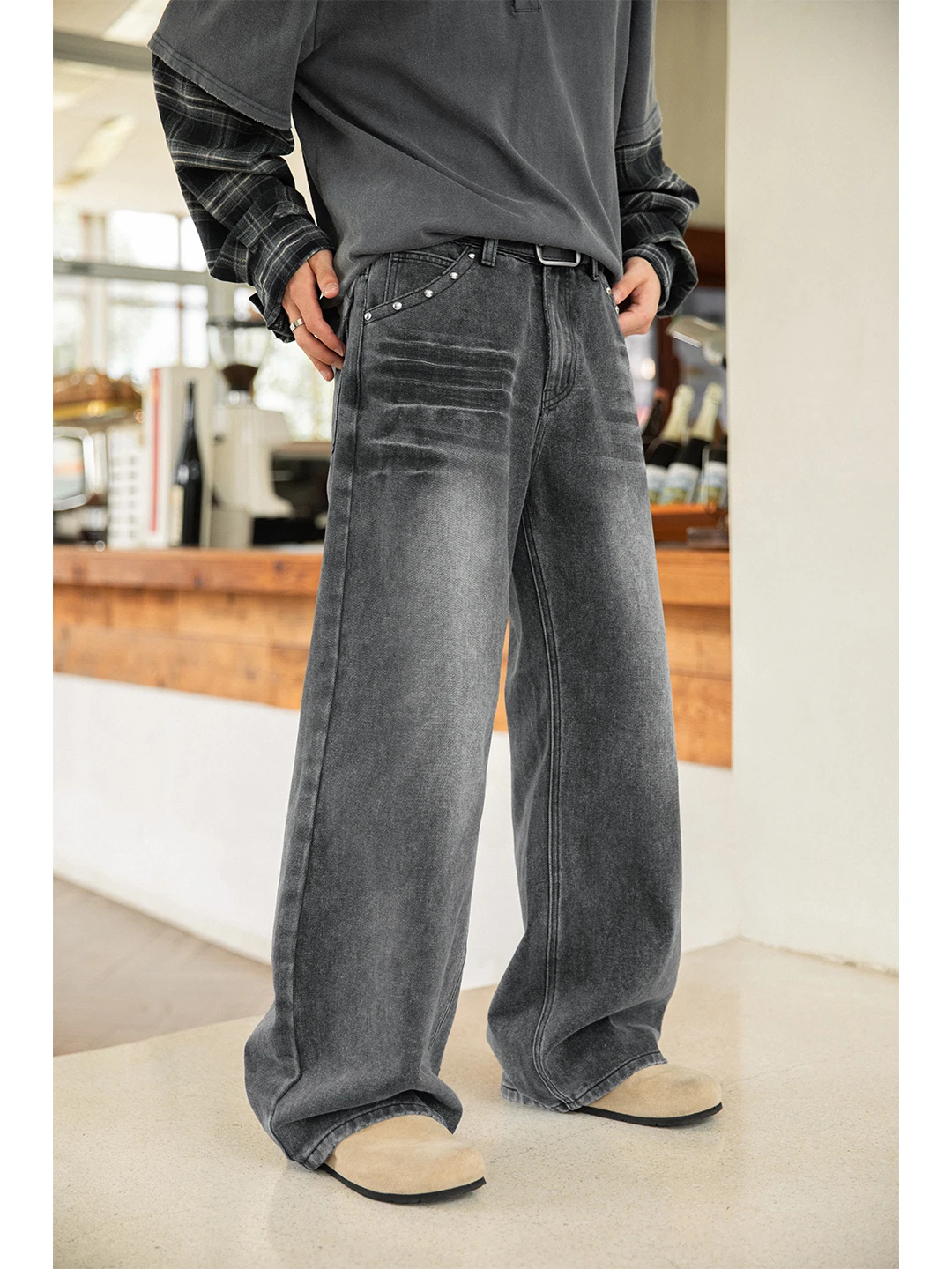 سليم صالح مستقيم الساق الجينز الرجال الصيف رقيقة شارع العليا الاتجاه فضفاض بنطال ذو قصة أرجل واسعة الأمريكية الرجعية برشام البرق نمط #5