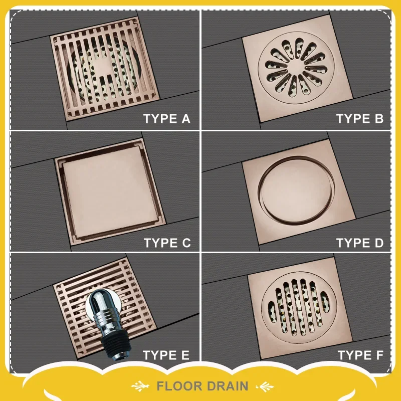 Deluxe Rose Gold Square Tile Embedded Hidden Brass Floor Drain Garbage Grille Bathroom Shower Drain
