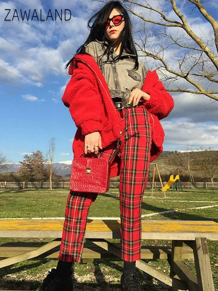 Zawaland Xmas Pants Harajuku Fashion Women Pants Straight Leg Pants Plaid High Waisted Fit Pants Women 2025 New Red Casual Pants