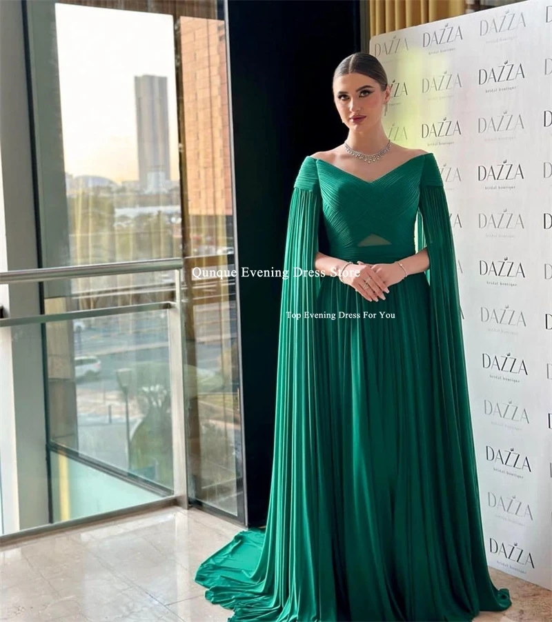 Qunque Arabia Green Chiffon Party Dress Customized Elegant Evening Dresses Criss-Cross Pleat With Cape Sleeves Vestidos De Gala