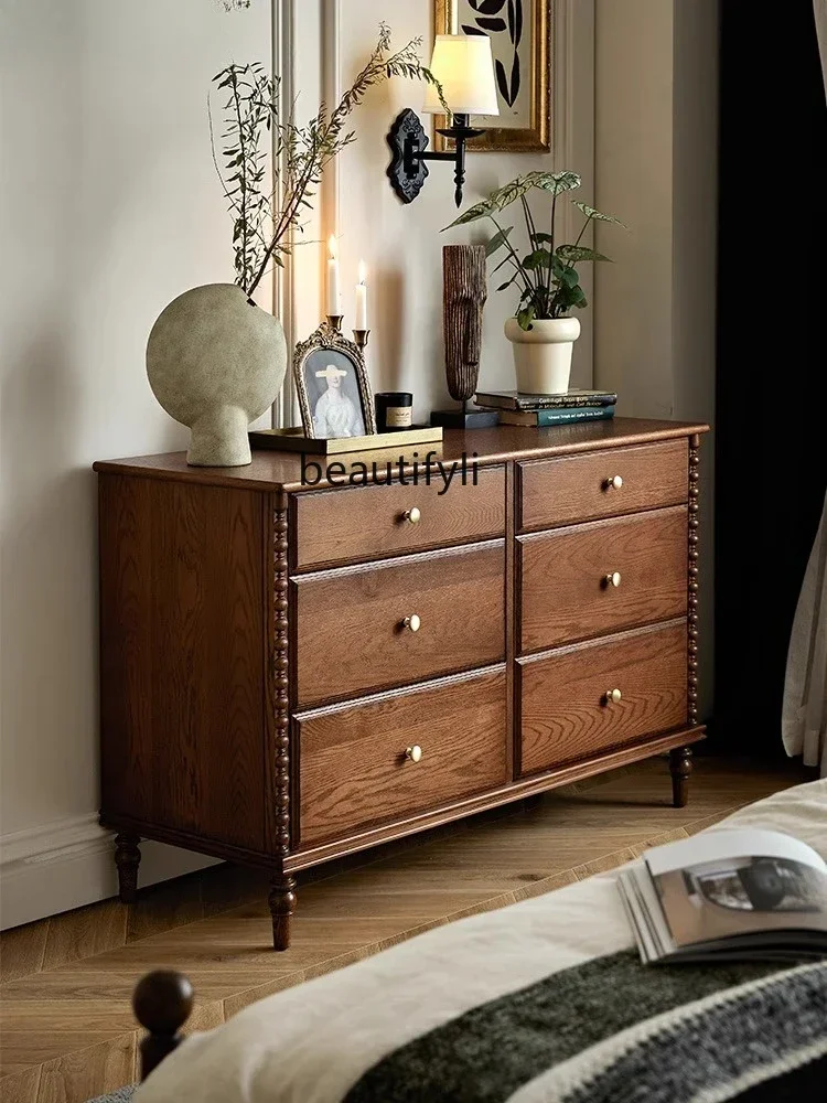 

01 French Retro Solid Wood Small Apartment Bedroom Storage Organizer Dressing Table Integrated Wall Drawer Chest of Drawers