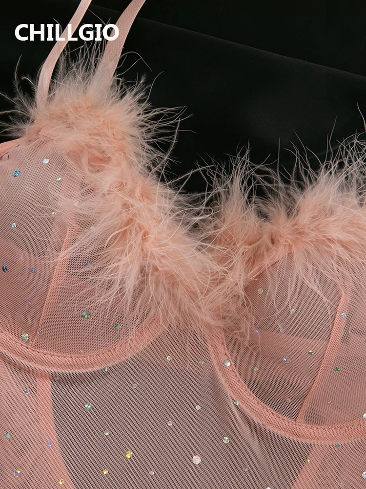 CHILLGIO ผู้หญิง Glitter Sequined Feather ตาข่ายบอดี้สูท Push Up Underwire Onesie ถุงมือโปร่งใสเซ็กซี่ One Piece Strappy Rompers