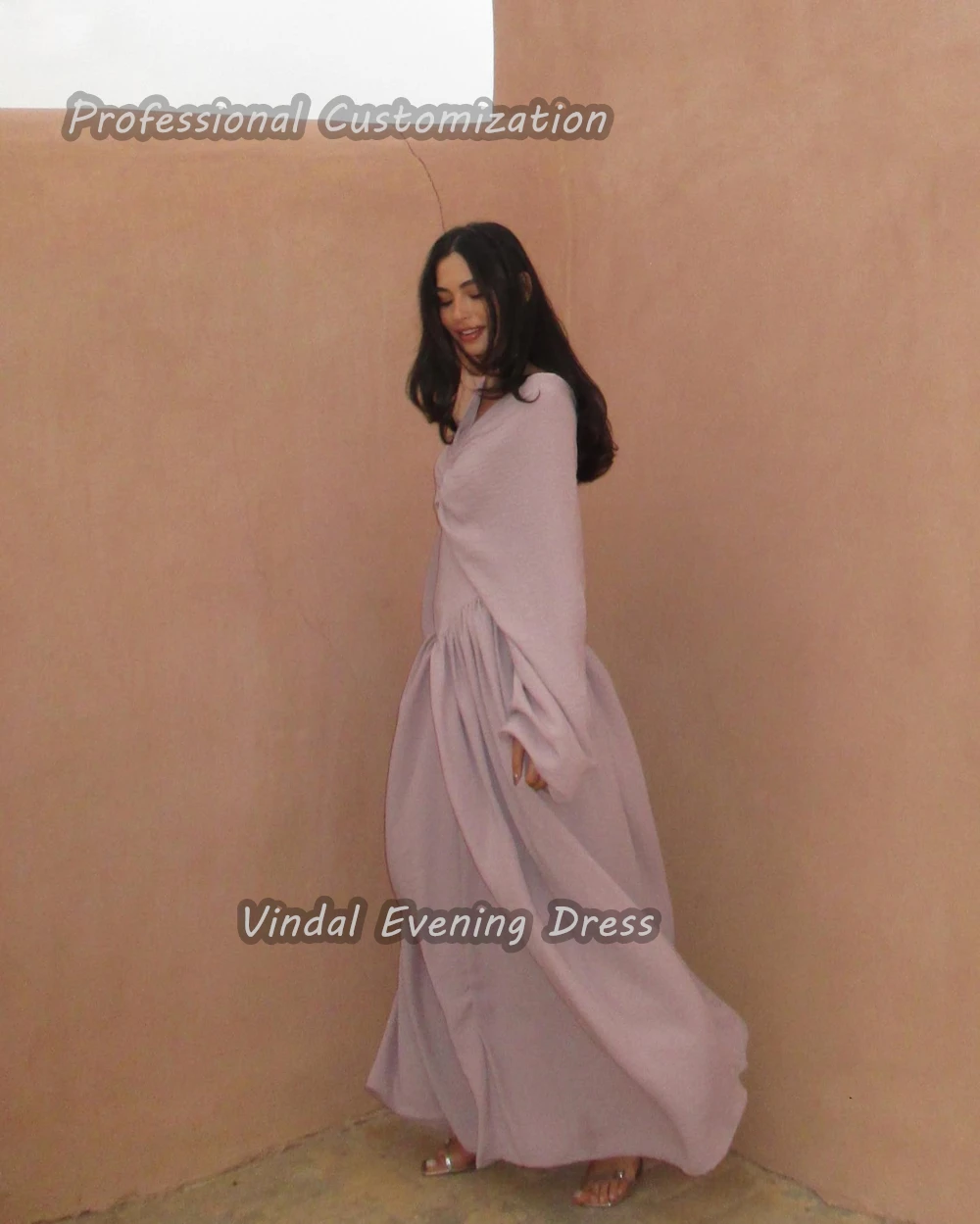 Vindal V-Neck Prom Party Dress Ankle length A-Line Ruffle luxurious Breast padding Elegant Long Sleeves  السعود For Woman 2024