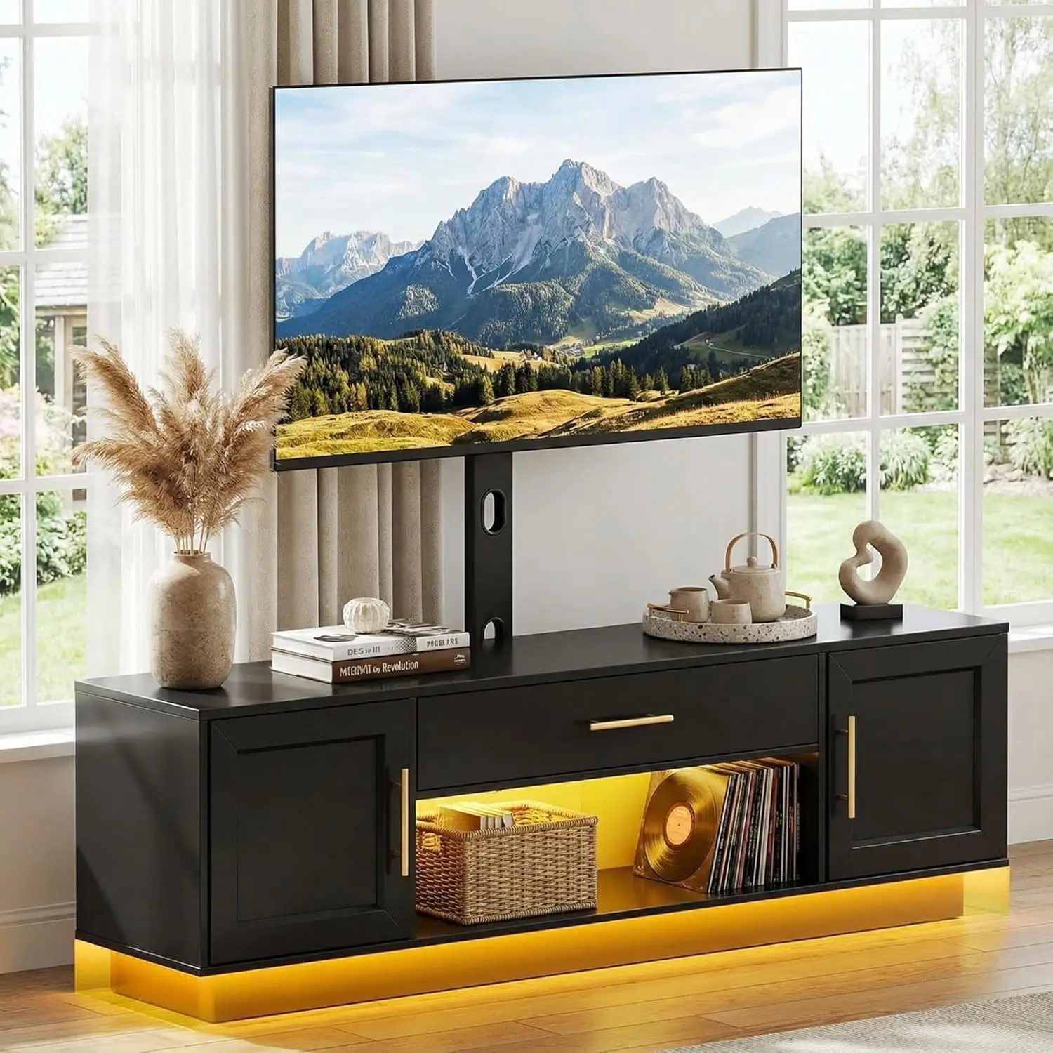 

Тумба под телевизор 59 дюймов с креплением, розеткой, поворотным механизмом, регулировкой высоты, LED-подсветкой, для гостиной и спальни, черная, на заказ