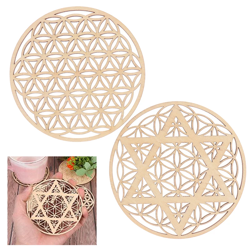 1PC Flower of Life Natural Symbol Wood Round Edge Circles Carved Coaster For Stone Crystal Set DIY Decor Mats Pads