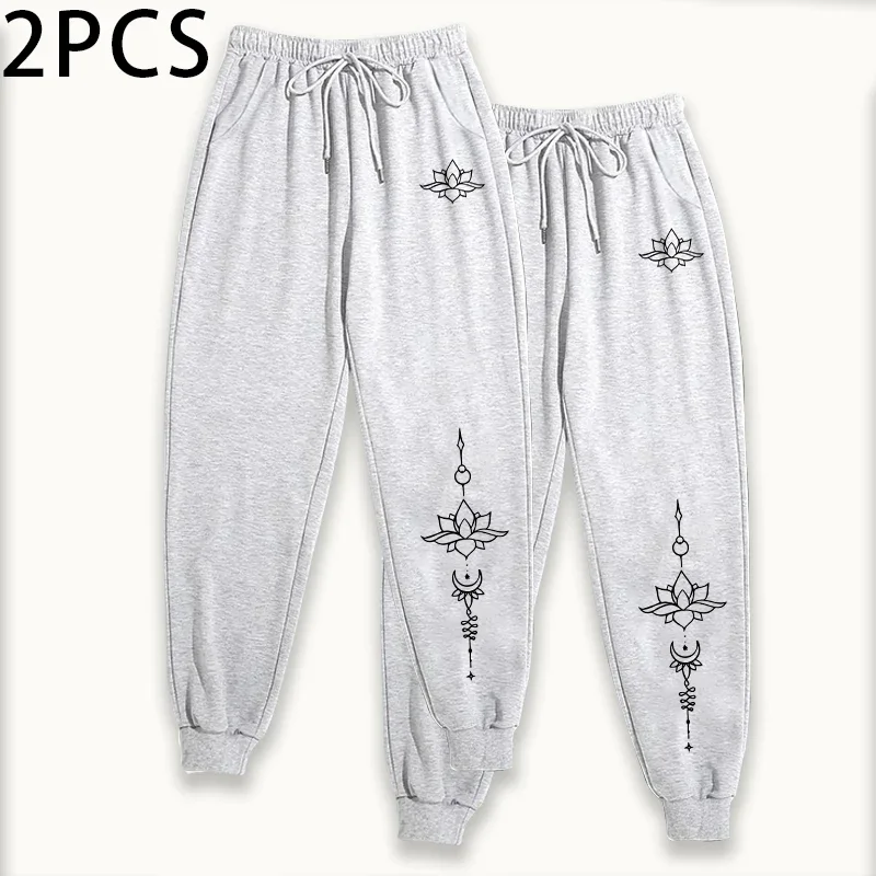 2 قطعة Sweatpants النساء عادية باطني لوتس رمز طباعة رياضي سراويل للجري الخريف الشتاء المنزل في الهواء الطلق الراحة بنطلون 2 حزمة #6