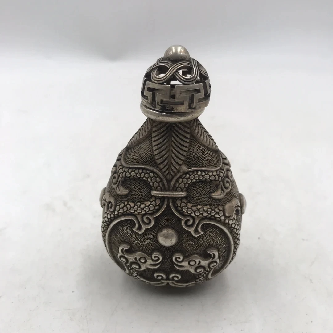 Chinese white bronze snuff bottle double-sided carving cigarette set high relief double dragon play beads collection vintage snu