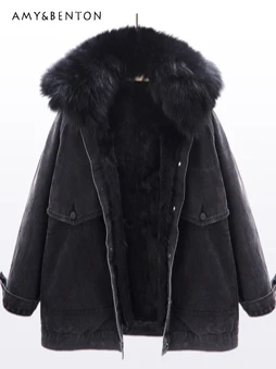 2024 Winter New Fox Fur Collar Removable Rabbit Hair Denim Jackets for Women High End Temperament Fashion Loose Casual Fur Coat