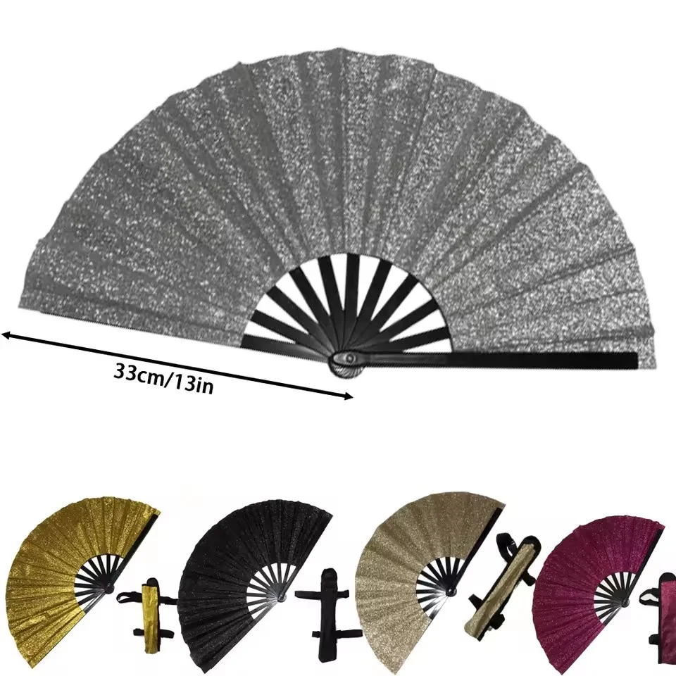 

33cm Sparkling Glitter Hand Fan with Storage Bag Large Foldable Festival Party Kung Fu Dance Fan for Women for Raves Performance