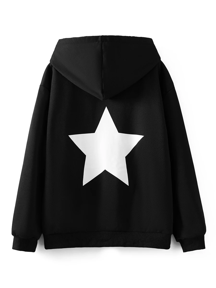 wsevypo Autumn Dark Black Oversized Hoodies Women\'s Back Star Print Long Sleeve Zip Up Hooded Coats with Pockets Grunge Punk Top