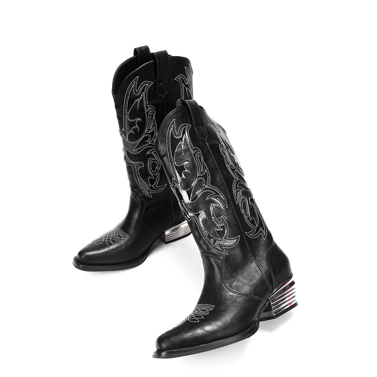 Heren en dames Middeleeuwse retro cowboy geborduurde lovertjeslaarzen Dikke hak Mid-tube laarzen Halloween Party Cosplay Ridderlaars