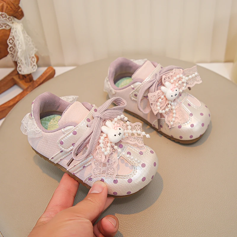 Autumn Toddler Girls Sneakers Cute Polka Dot Lace Bow Rabbit Pendant Walking Shoes Non-Slip Soft Sole Casual Princess Shoes
