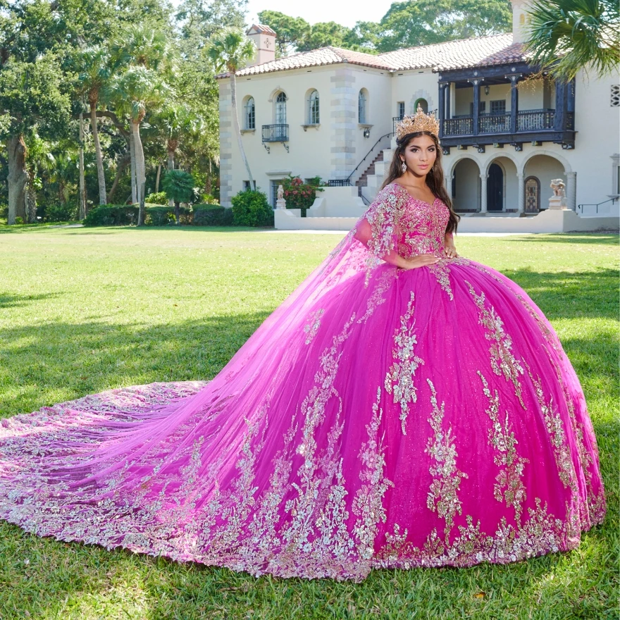 Розовые платья Quinceanera по индивидуальному заказу, 2024, золотые кружевные аппликации, мексиканское бальное платье, вечернее платье для выпускного вечера, Vestidos Butantes 15 anos YQD138