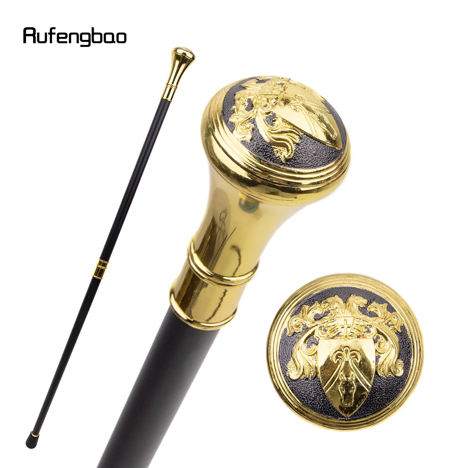 

Golden The Crusaders Horsehead Shield Relief Walking Cane Модная трость для джентльменов Роскошная ручка Crosier Walking Stick 93 см