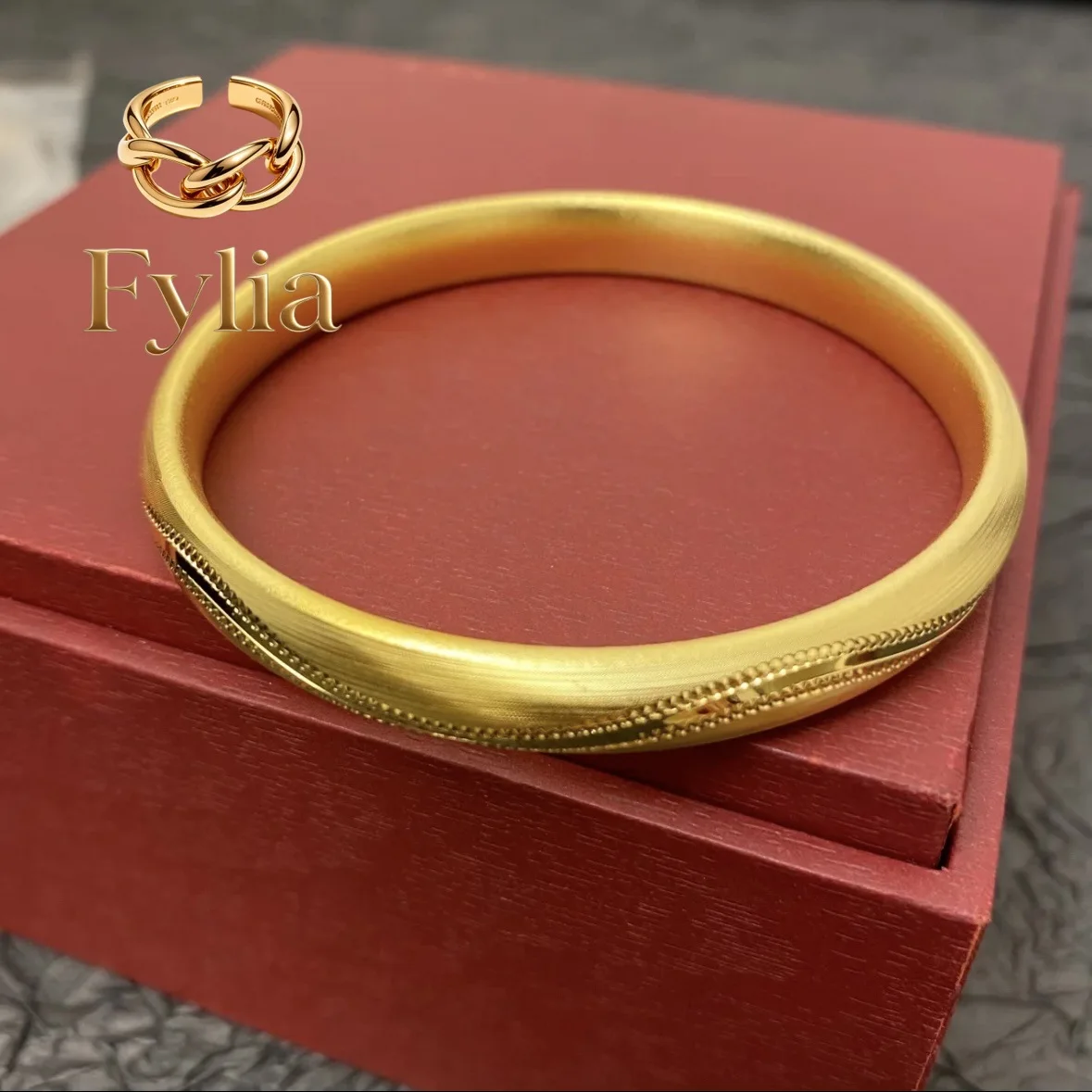 Fylia Jewelry   Luxury 24K 9999 Pure Gold real gold Women's Brushed Wavy Bracelet Solid Closed Bracelet