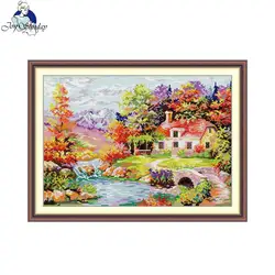 Joy Sunday Cross Stitch Kits Autumn Cottage HD Pattern Aida 16CT 14CT 11CT DMC Threads DIY Hand Embroidery Kit Art Craft New Hot