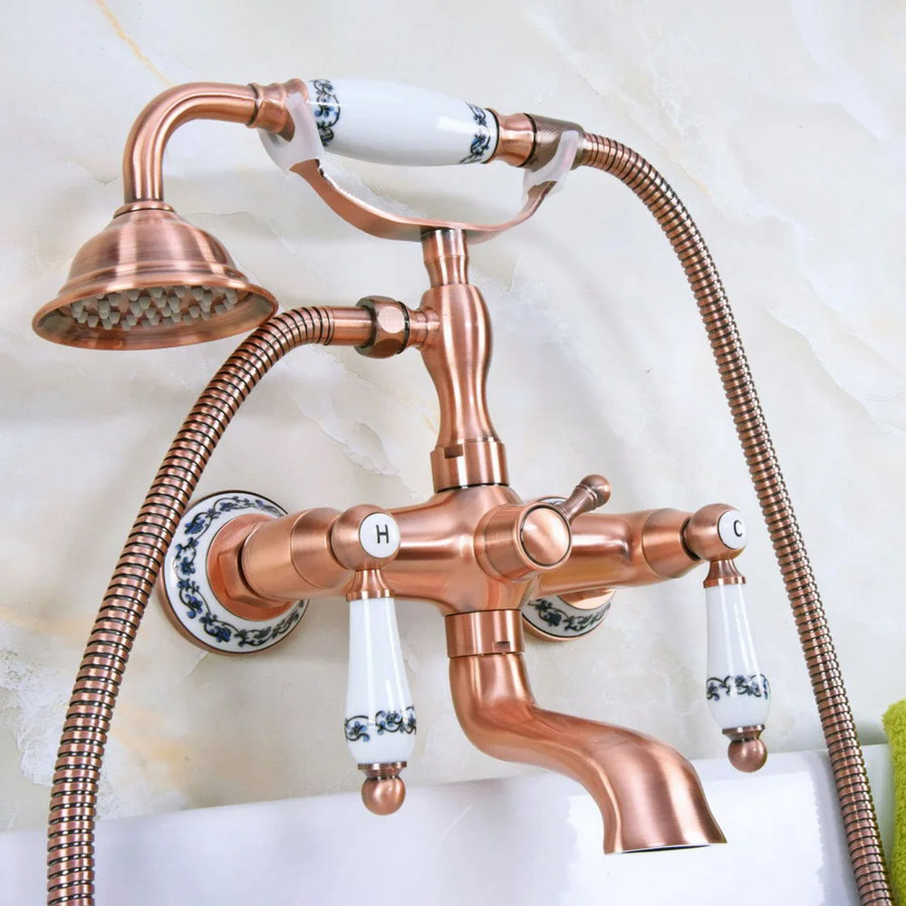 

Antique Red Copper Clawfoot Bathtub Faucet Mixer Tap Telephone W/ Handheld Shower tna330