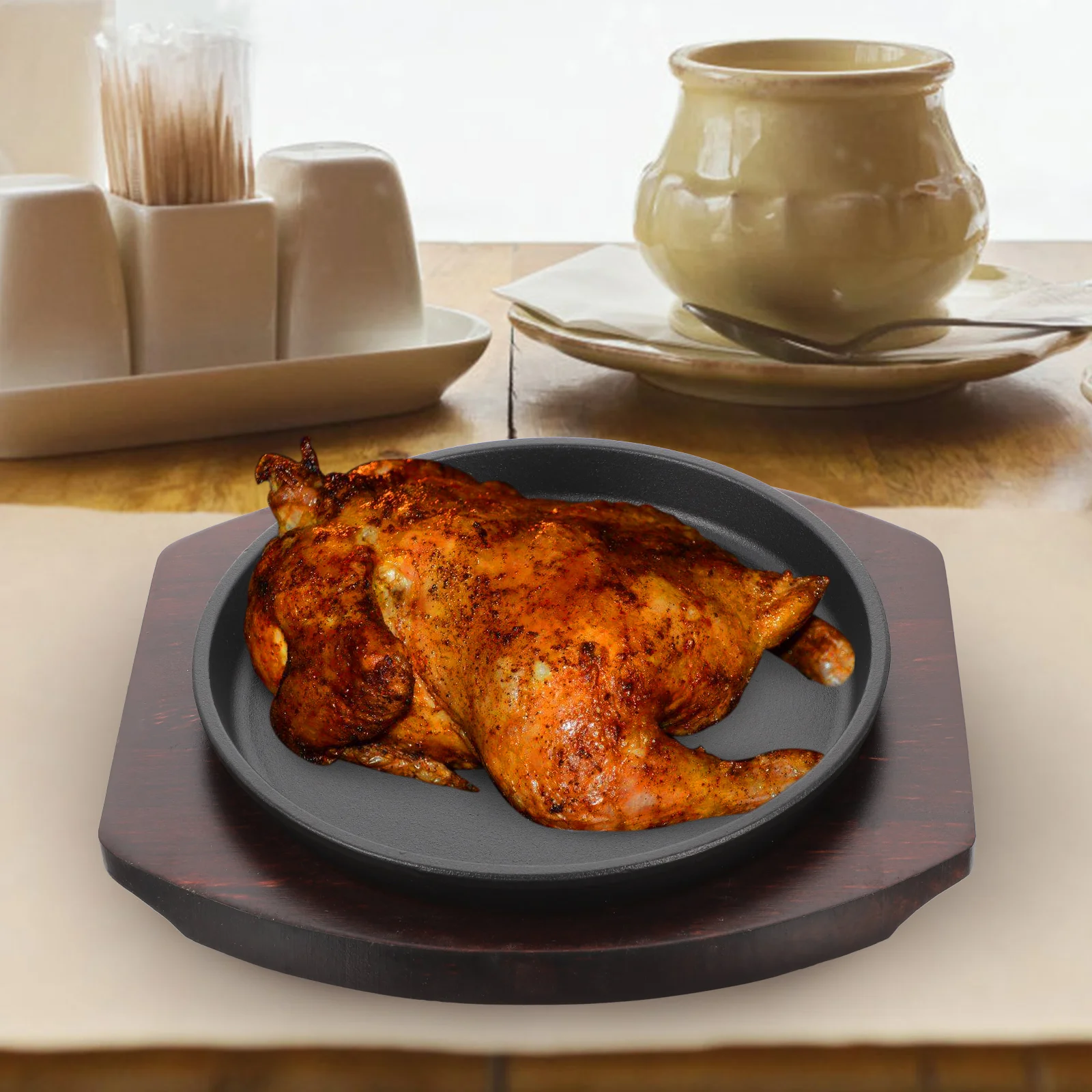 

Round Steak Plate Thick Iron Wood Grill Pan Outdoor Barbecue Non stick Fried Serving Platter Household Baking Tool