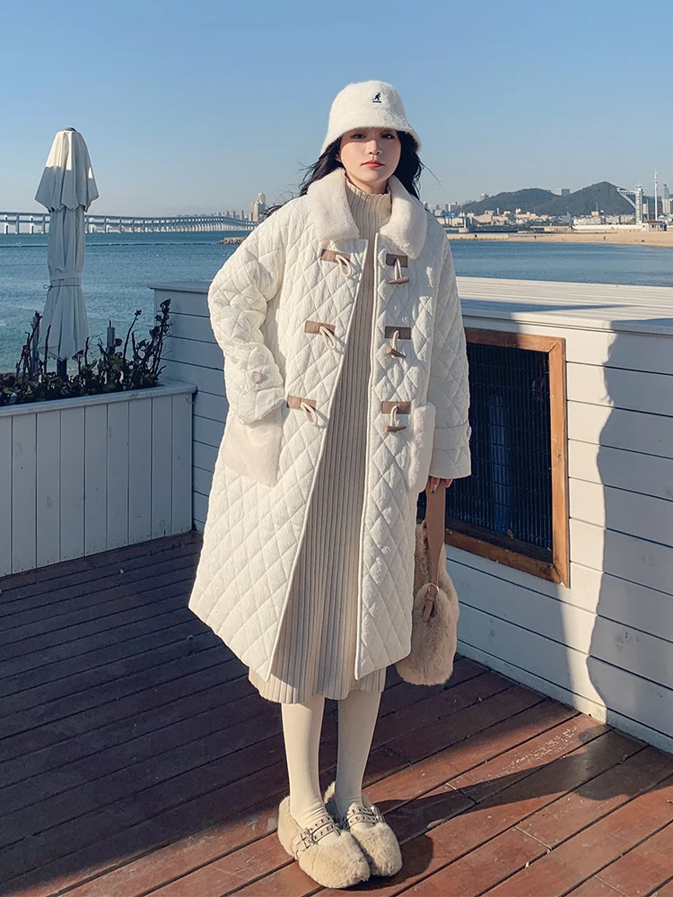 

Oversized Women Winter Coat Fashion Turn-Down Collar Solid Plaid Long Jacket Female Pockets Loose Warm Padded Outerwear