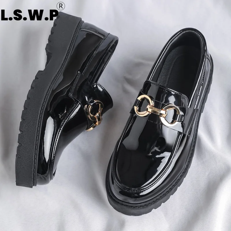 Men's Loafers, Height-Increasing Shiny Loafers, High-Quality Mirror-Like Patent Leather Texture, Metal Ring Buckle Adds a Touch of Sophistication, Non-Slip Platform Sole, Comfortable to Wear Without Tiring the Feet, Classic Black, Versatile for Commuting and Casual Wear.
