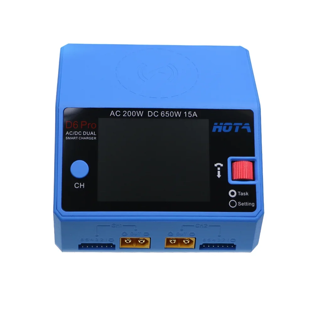HOTA D6 Pro 200W AC/650W DC Cargador dual con carga inalámbrica para baterías de drones NiZn/NiCd/NiMH RC