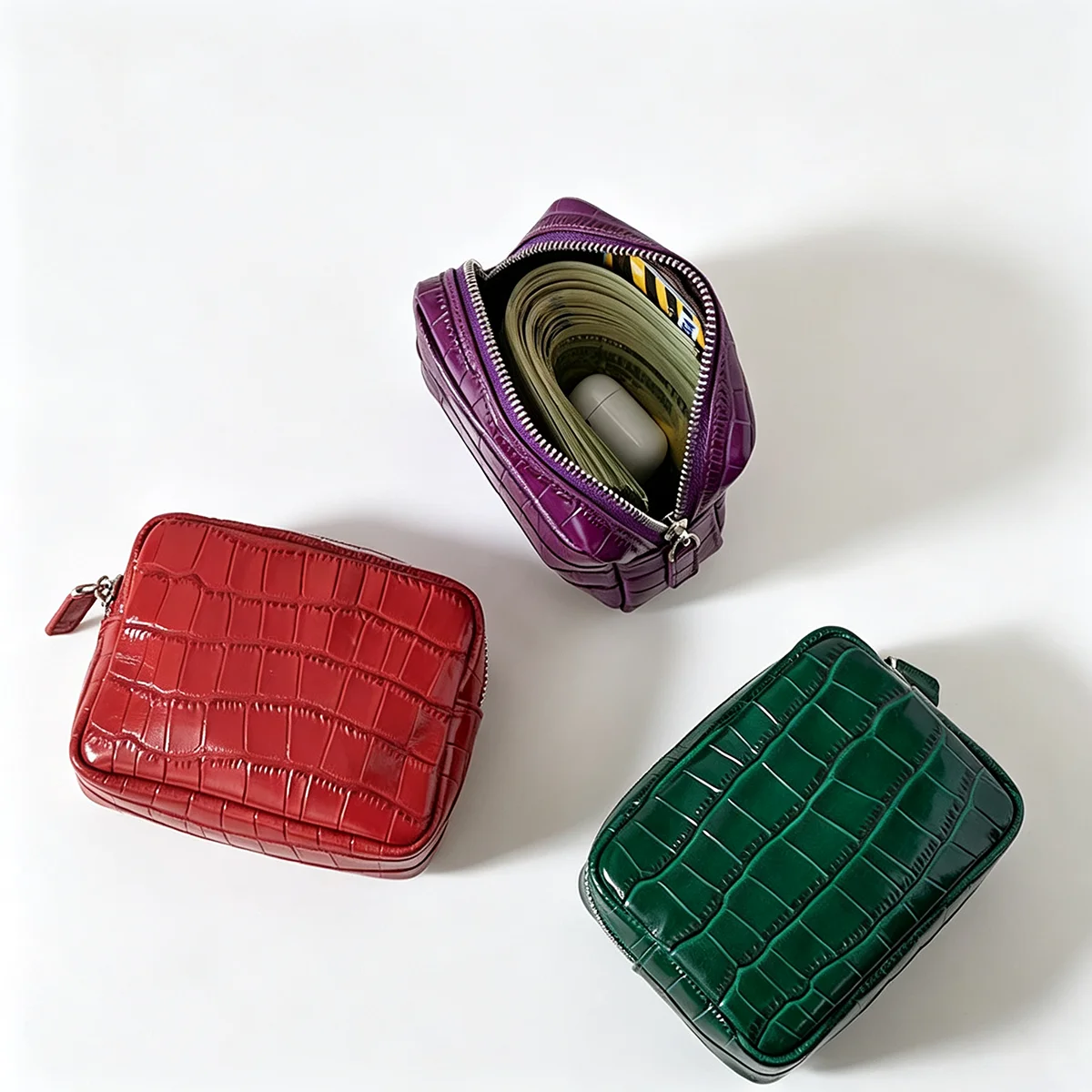 Echtes Leder mit Krokodilprägung Damen-Münzbörse Lippenstifthalter Kopfhörer-Schlüssel-Organizer Clutch Ausweiskartenetui Kosmetiktasche – Detail 7