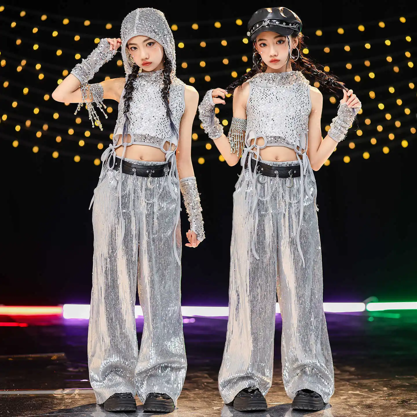 

Kid Kpop Hip Hop Clothing Silver Sequined Lace up Hoodie Crop Tank Casual Wide Pants for Girl Jazz Dance Wear Costumes Clothes