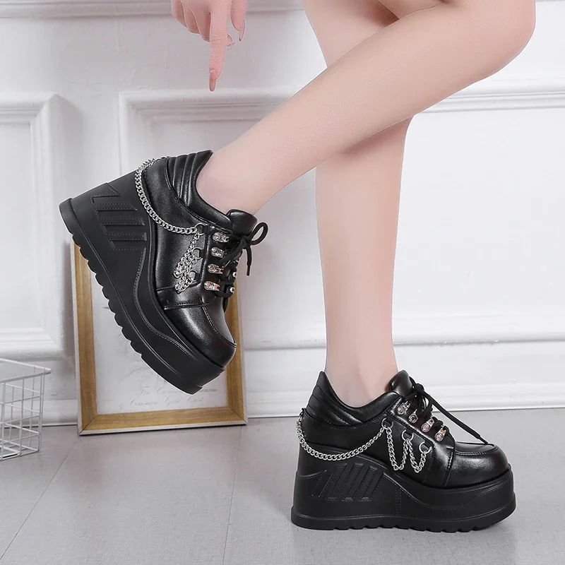 Brand Puck Style 10CM Platform High zeppe décolleté da donna Sneakers Casual stile gotico Punk Lace Up Buckle scarpe da donna taglia 42