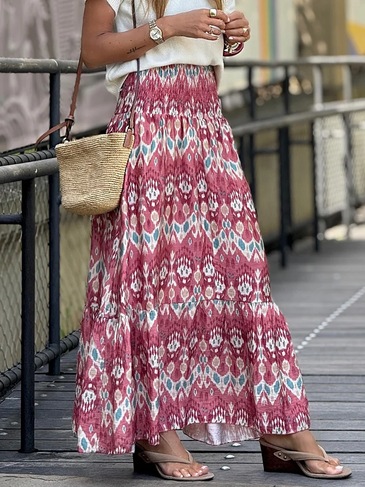 女性のためのフリル付きのルーズなパッチワークスカート,カジュアルなストリートウェア,プリント,シックなバケーションウェア,クラブ,地面の長さ,春と夏