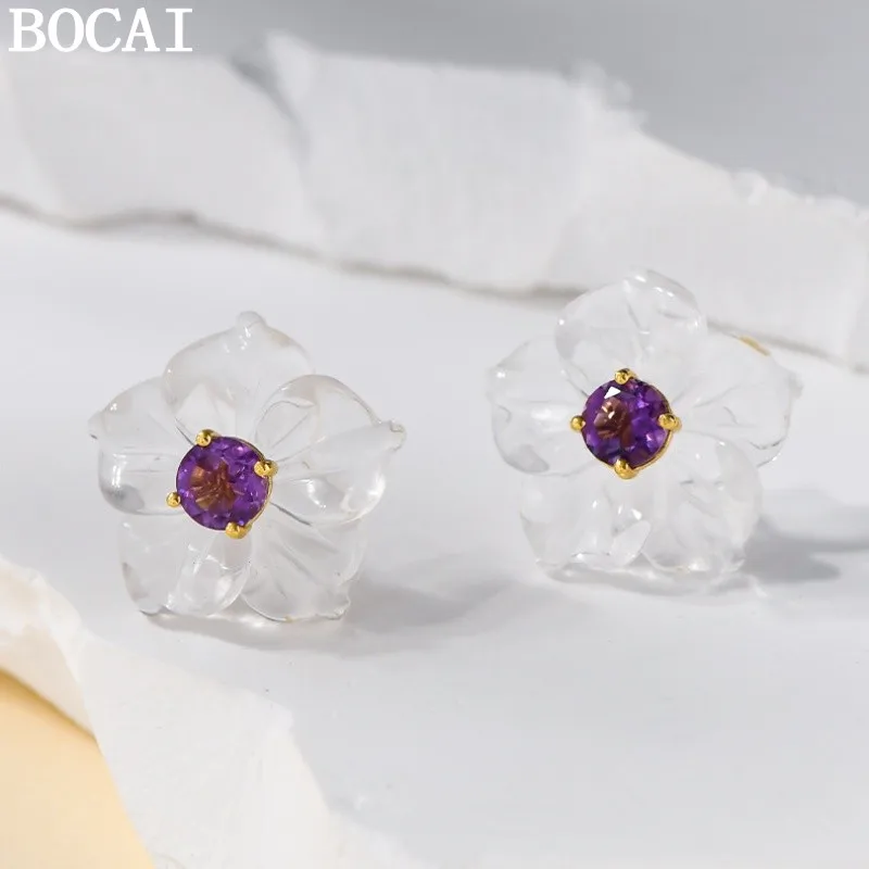 

BOCAI S925 Silver Charms Studs Earrings for Women New Fashion Contrast Colored White Crystal Amethyst Ear Studs Punk Jewelry