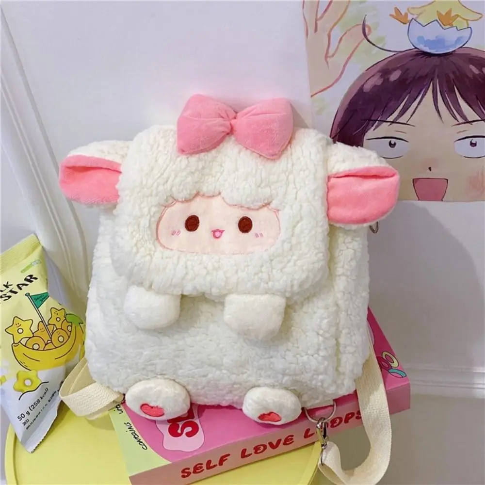 Casual Fluffy Cute Sheep Bag Bow Heart Plush Sheep Backpack Creative Animal Students