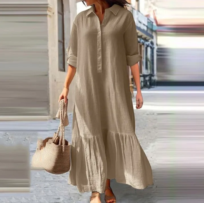 

Fashion Long Sleeve Cotton Linen Dress Women 2024 Autumn Loose Casual Solid Buttons Long Dresses For Women