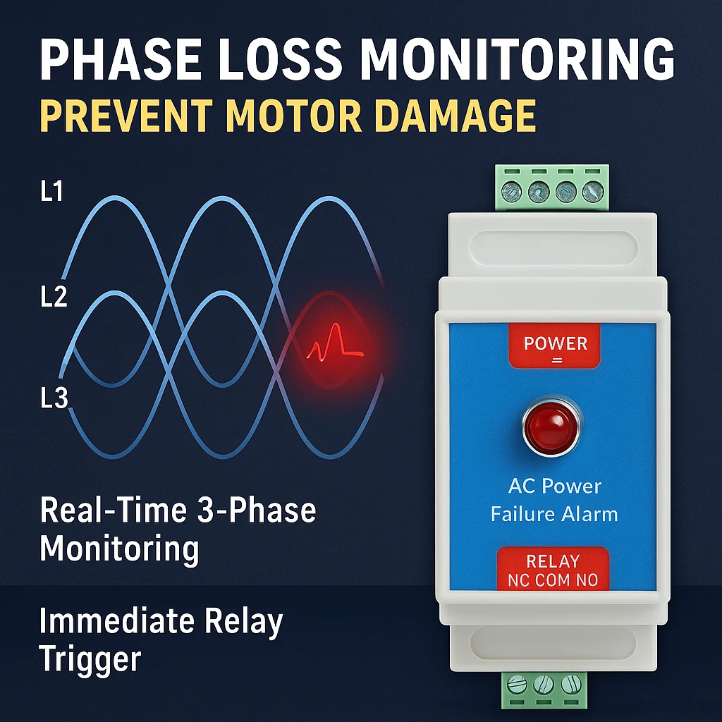 380V AC Power Failure Alarm with Instant NO/NC Relay, 3-Phase Loss Detection for Motor Protection