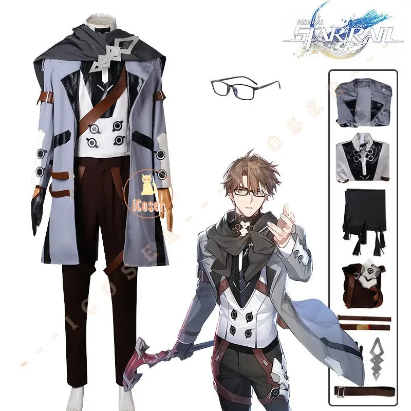 Honkai スターレール ウェルト ヤン コスプレ衣装 ウィッグ ゲーム ユニフォーム メガネ トレンチ スカーフ アストラル エクスプレス アニメーター ハロウィン パーティー メンズ セット