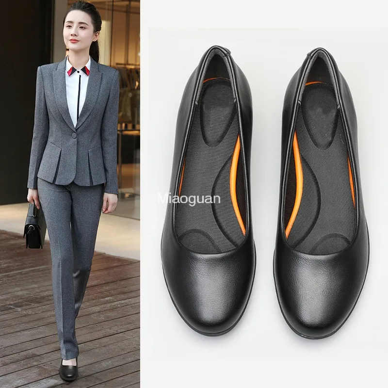 Black Leather PU Women\'s Work Shoes Pumps Thick Heel Round Head Shoes Soft Sole Professional Non-slip Hotel Work Autumn Footwear