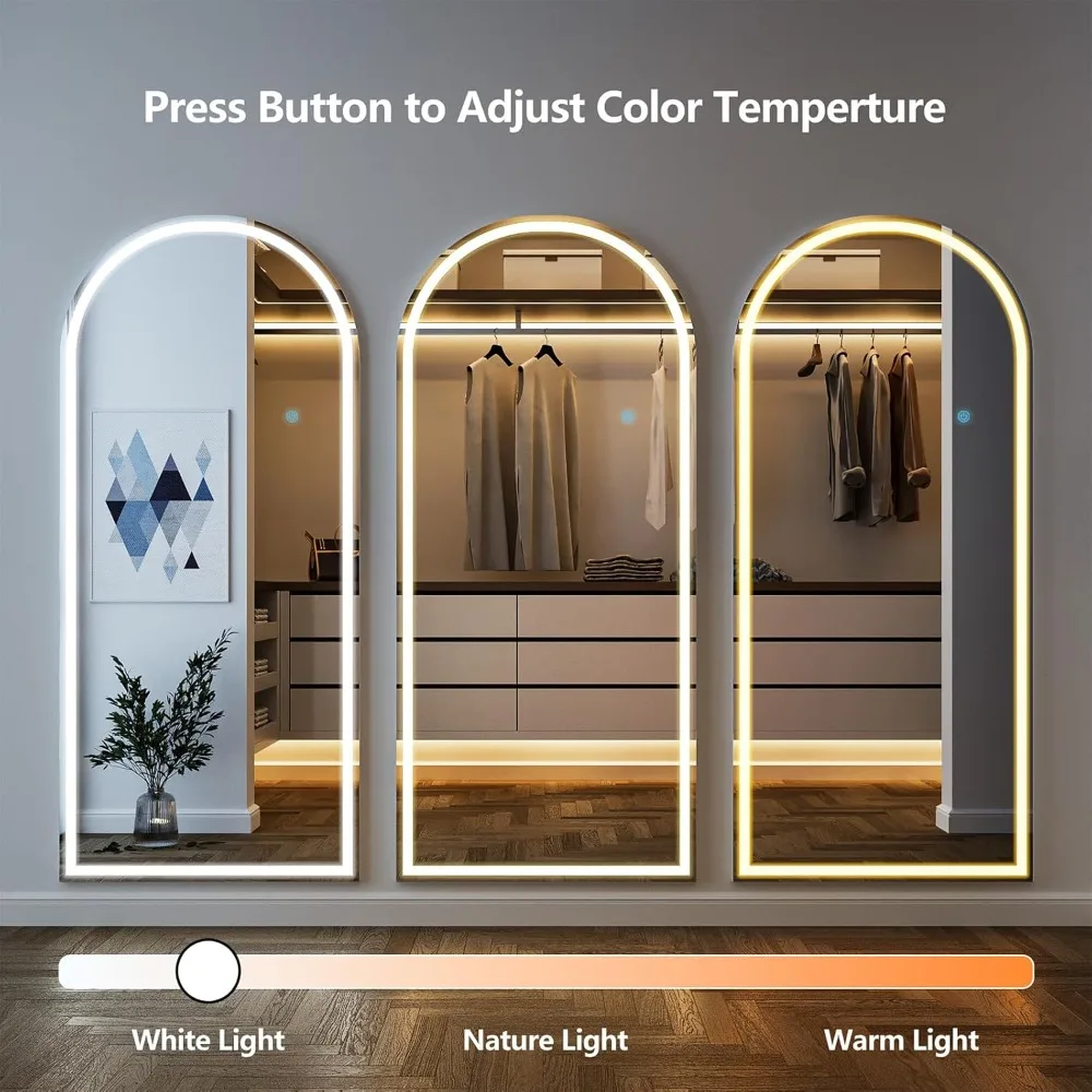 Espelho de piso arqueado de comprimento total iluminado por LED, 65x24 com brilho ajustável e 3 modos de cor, espelho de corpo magro em pé