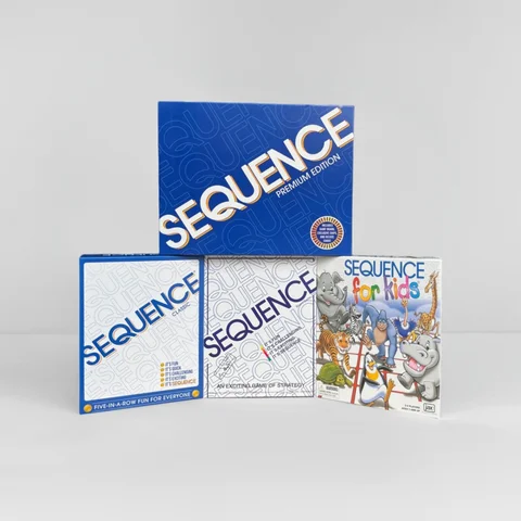 SEQUENCE is a tile-matching card game featuring brightly colored pieces and a game mat, with a classic game design.