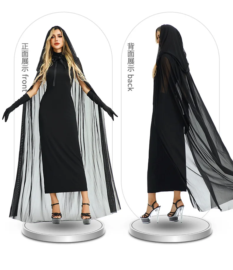 Robe Sorcière Gothique Noire avec Cape à Capuche et Gants – photo 3